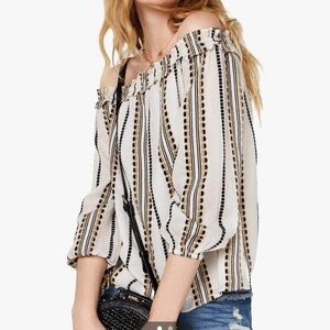 INC Womens Tribe Off Shoulder Metallic Peasant Top Tan